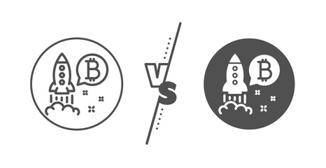 Cryptocurrency startup sign. Versus concept. Bitcoin line icon. Crypto rocket symbol. Line vs classic bitcoin project icon. Vector