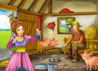 Cartoon scene with princess and farmer rancher in the barn pigsty illustration for children