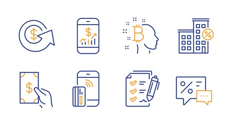 Survey checklist, Bitcoin think and Dollar exchange line icons set. Mobile finance, Contactless payment and Loan house signs. Receive money, Discounts symbols. Report, Cryptocurrency head. Vector