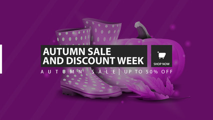Autumn sale and discount week, purple horizontal discount banner with rubber boots and pumpkin on the background