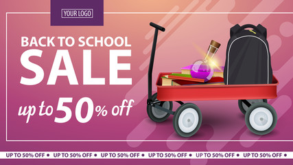 Back to school, a discount banner template for your creativity with a cart full of school supplies