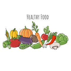 Colored Doodle vegetables isolated on white background.