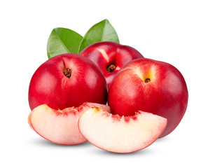 Nectarine fruit with leaf isolated on white background. full depth of field