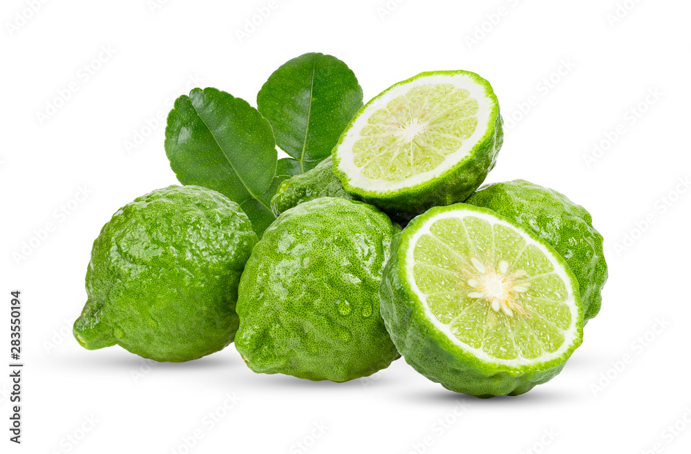 Wall mural bergamot or kaffir with seeds isolated on white background. full depth of field