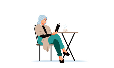 Senior woman in cafe vector illustration. Flat female character - wealthy elderly woman sitting in coffee shop drinking hot beverage. Grey hair woman wearing pearl necklace, holding book.