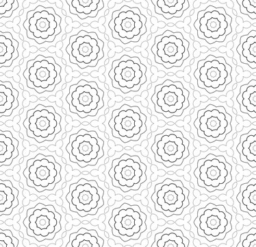 Simple Lines, Seamless Kaleidoscope Style Abstract Black & White B&W Geometry Pattern, Isolated On White Background.