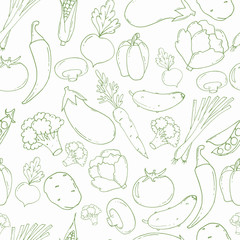 Hand drawn seamless pattern with vegetables. Big vegetable collection.
