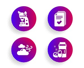 Microscope, Windy weather and Handout icons simple set. Halftone dots button. Medical drugs sign. Chemistry laboratory, Cloud wind, Documents example. Medicine bottle. Science set. Vector