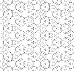Simple lines, seamless kaleidoscope style abstract black & white B&W geometry pattern, isolated on white background.