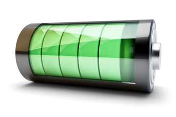 Power source charging concept, accumulator battery with green charging level indicator isolated on white