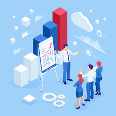 Isometric business people talking conference meeting room. Team work process. Business management teamwork meeting and brainstorming. Expert team for data analysis, business statistic