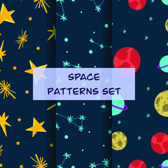Set space patterns. bright color ornament. planet. stars