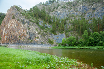 Beautiful natural scenery of the river in Russia with mountains