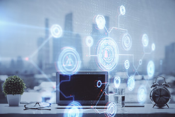 Multi exposure of table with computer on background and data theme drawing. Concept of innovation.