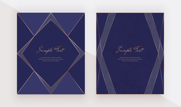 Luxury blue design cards with golden polygonal lines frames. Trendy templates for banner, flyer, poster, greeting.