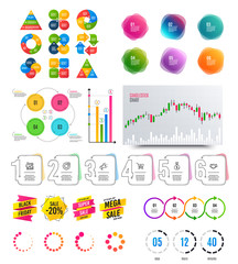 Fototapeta premium Infographic elements. Financial graph, timelines, options banner badges. Sale discount shapes, countdown timer. Analytics chart, timeline infographics. Offer layout page. Vector graphs and charts