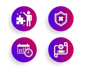 Calendar, Reject protection and Strategy icons simple set. Halftone dots button. Cogwheel blueprint sign. Time, No security, Business plan. Edit settings. Technology set. Vector