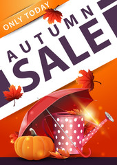 Autumn sale, orange vertical discount banner with garden watering can, umbrella and ripe pumpkin