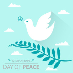 World Peace Day celebration web banner template, faith symbol. White bird flying.