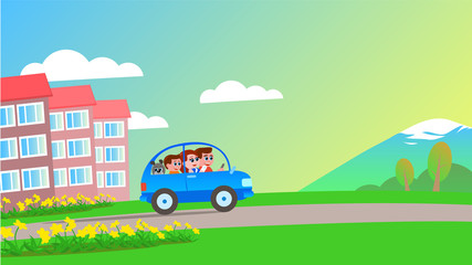 A cheerful and happy family: father, mother, son and dog leave the city in a blue car to relax in nature. Summer morning. The weather is sunny. Vector illustration.