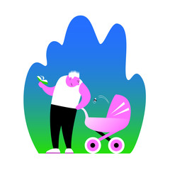 The good dad was distracted from reading the book and looks at the baby in the stroller, who spat out the nipple. Vector illustration with pink, blue and green colors.