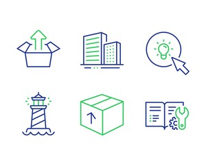 Energy, Buildings and Lighthouse line icons set. Package, Send box and Engineering documentation signs. Turn on the light, City architecture, Searchlight tower. Delivery pack. Industrial set. Vector