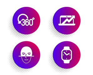 Sales diagram, Full rotation and Face recognition icons simple set. Halftone dots button. Smartwatch sign. Sale growth chart, 360 degree, Faces biometrics. Digital time. Science set. Vector