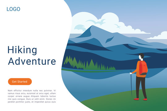 Hiking adventure landing page vector template. Outdoor activities, recreation website homepage interface idea with flat vector illustrations. Landscape tourism, trekking web banner cartoon concept