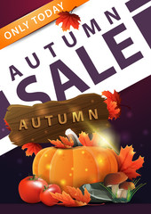 Autumn sale, purple vertical discount banner with harvest of vegetables and a wooden sign