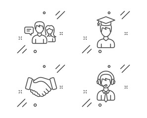 People talking, Student and Handshake line icons set. Shipping support sign. Contact service, Graduation cap, Deal hand. Delivery manager. People set. Line people talking outline icon. Vector