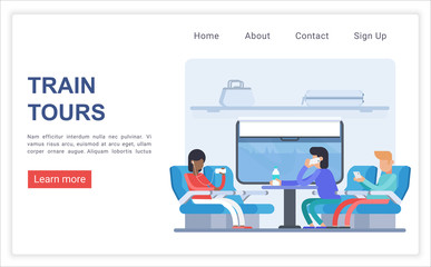 Train tours landing page vector template. Urban travel, city transportation website homepage interface layout with flat vector illustrations. Passenger conveyance service web banner cartoon concept