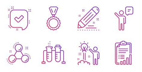 Chemistry molecule, Agent and Brand contract line icons set. Chemistry beaker, Creative idea and Medal signs. Confirmed, Checklist symbols. Laboratory atom, Business person. Education set. Vector