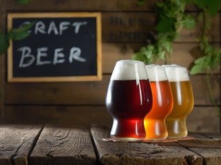 Different beer in glasses on wooden background