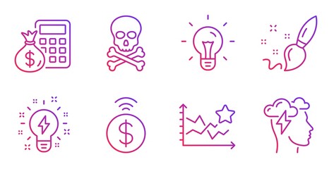 Chemical hazard, Inspiration and Contactless payment line icons set. Finance calculator, Paint brush and Idea signs. Ranking stars, Mindfulness stress symbols. Toxic death, Creativity. Vector