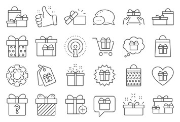 Gift line icons. Present box, Offer and Sale. Shopping cart, Tag and Chat. Speech bubble, Give a gift box, question mark, birthday discount. Shopping sale cart, present tag, delivery. Vector