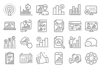 Graph line icons. Set of Chart presentation, Report, Increase growth graph icons. Analytics testing, Falling demand, Pie chart report. Calendar statistics, Stats. Ab testing, Increase sales. Vector