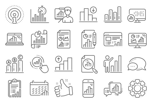 Graph line icons. Set of Chart presentation, Report, Increase growth graph icons. Analytics testing, Falling demand, Pie chart report. Calendar statistics, Stats. Ab testing, Increase sales. Vector
