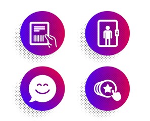 Smile chat, Elevator and Parcel invoice icons simple set. Halftone dots button. Hold heart sign. Happy face, Office transportation, Delivery document. Love brand. People set. Vector