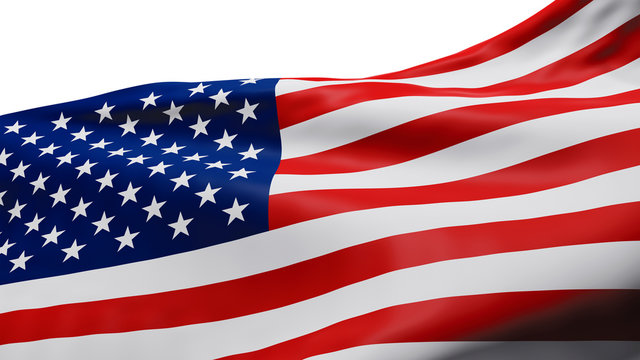 Looking up at USA or American flag isolated on white background with clipping path 3D render