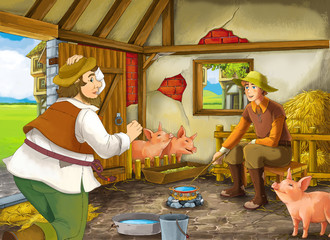 Obraz na płótnie Canvas Cartoon scene with two farmers ranchers or disguised prince and older farmer or hunter in the barn pigsty illustration for children