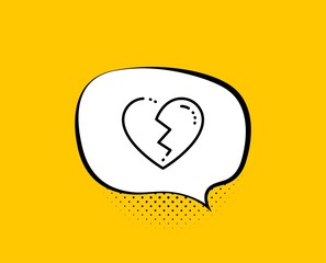 Broken heart line icon. Comic speech bubble. Love crush sign. Divorce symbol. Yellow background with chat bubble. Broken heart icon. Colorful banner. Vector