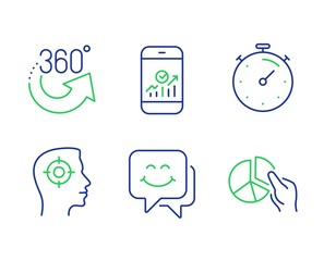 360 degrees, Timer and Smartphone statistics line icons set. Recruitment, Smile face and Pie chart signs. Full rotation, Deadline management, Mobile business. Headhunter aim. Business set. Vector
