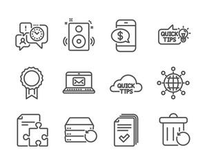 Set of Education icons, such as Recovery server, Phone payment, Handout, Reward, Speakers, Time management, Education idea, Strategy, Quick tips, Recovery trash, E-mail line icons. Vector