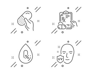 Prescription drugs, Capsule pill and No alcohol line icons set. Uv protection sign. Pills, Medicine drugs, Mineral oil. Ultraviolet. Healthcare set. Line prescription drugs outline icon. Vector