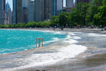 Water from Lake Michigan Flooding the Lakefront Trail in Chicago