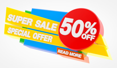 SUPER SALE SPECIAL OFFER 50 % OFF READ MORE word on white background illustration 3D rendering