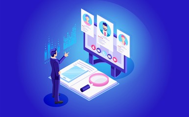 Isometric hiring, recruitment agency. Web site page concept. Template, banner, advertising, presentation. Job vacancy.