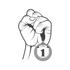 Vector illustration. Hand holding a medal. Prize, reward for victory. Graphic object