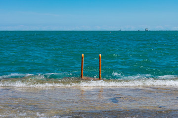 Ladder leading down to Lake Michigan with High Water Levels in Chicago