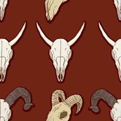 Vector Seamless Pattern of Livestocks Skull on Red Background